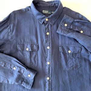 Polo By Ralph Lauren Mens XL Linen Shirt Blue Long Button Down Military Utility